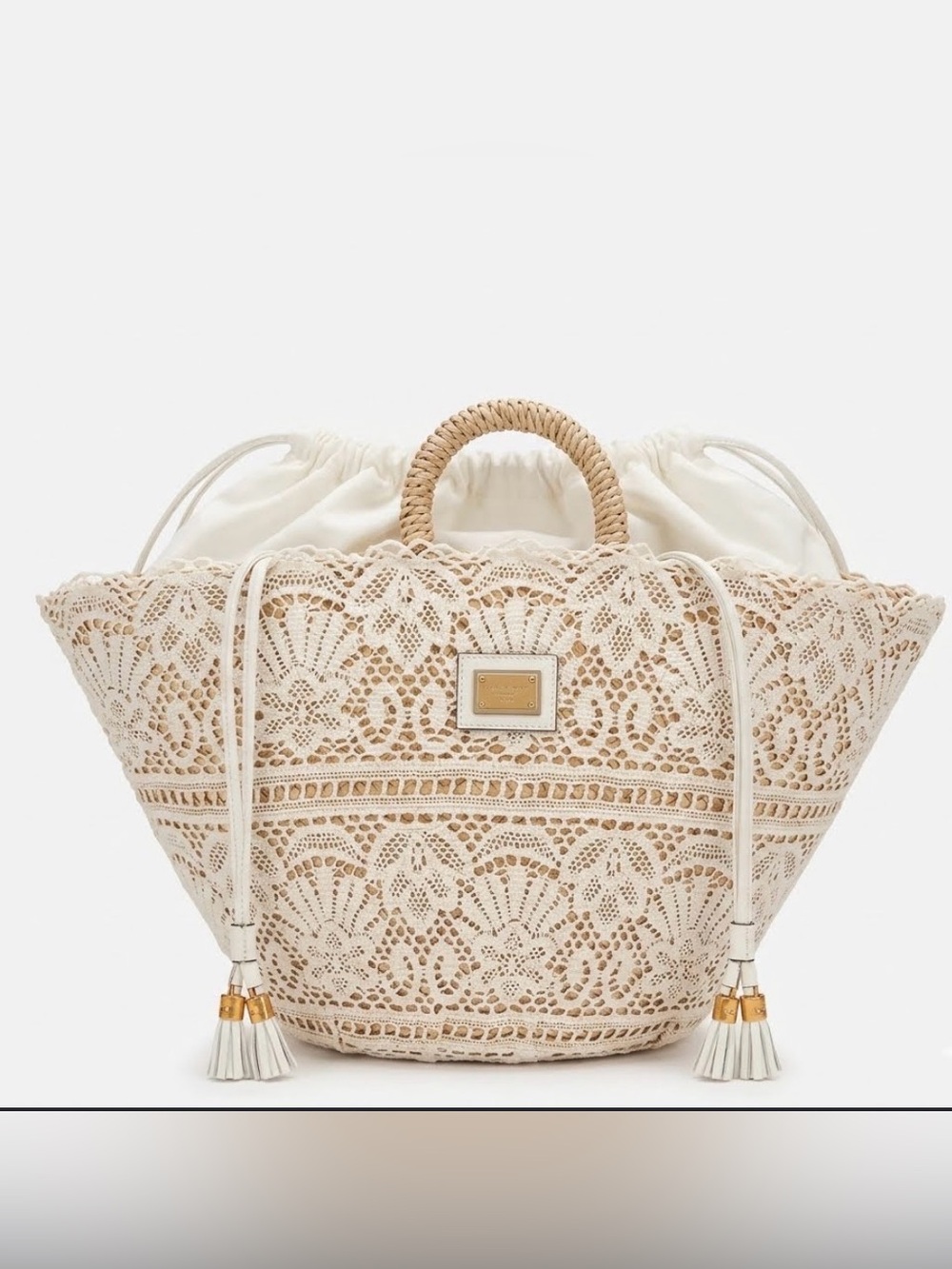 Dolce & Gabbana Cream Tan Crochet and Straw Basket Lace Overlay Tote Bag